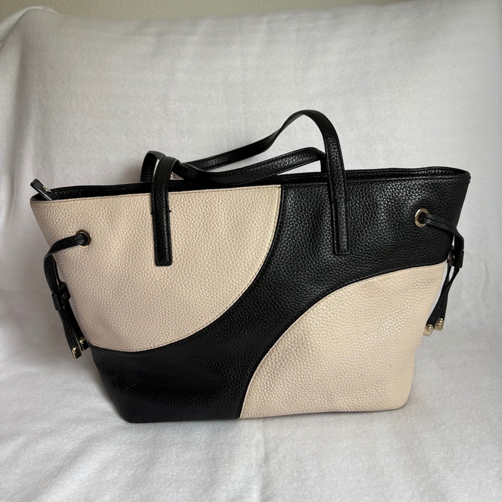 Kate Spade New York Colorblock Pebbled Leather Tote Bag Black Cream PXRU5489 - Picture 3 of 11